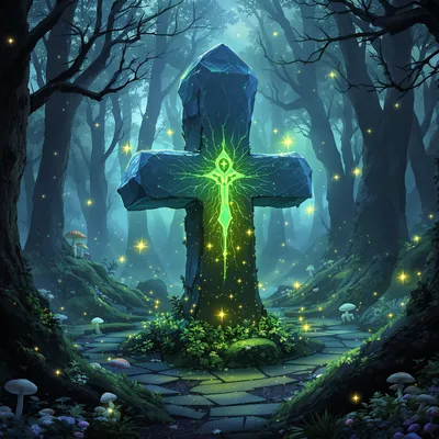 迷雾笼罩的魔法森林深处一块古老发光的符文石，被生物发光蘑菇和漂浮的萤火虫环绕，空灵的氛围。