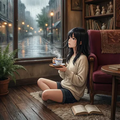 雨天舒适的咖啡馆内部，动漫风格，一个女孩拿着一杯热茶望向窗外，柔和温暖的色彩，lo-fi美学。