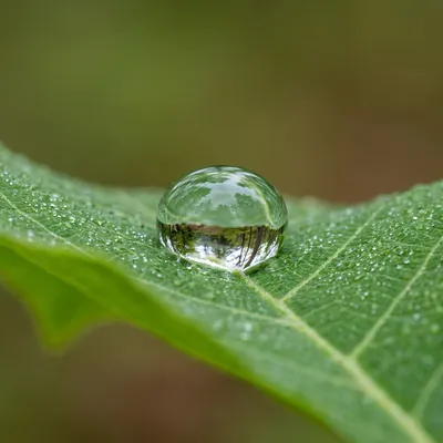 极端微距摄影，一片生机勃勃的绿叶上的一滴水珠，水珠内反射出一个微小世界，清晰对焦，模糊背景，8k。