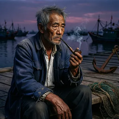 电影级肖像，一位布满深邃皱纹的老渔夫正在抽烟斗，饱经风霜的脸庞，充满戏剧性的阴影光照，暗色背景，极高细节。