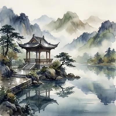 水墨画风格，云雾缭绕的山中一座传统的中国亭子，柔和的笔触，宁静而富有诗意。