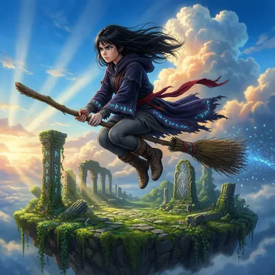 杰作，最高质量二次元插画，特色是一位神情坚定的年轻女巫充满动态地骑着扫帚飞翔，飞越一座长满苔藓、带有石质废墟的古老天空浮岛。背景是壮丽广阔的清晨天空，新海诚风格：极度饱和的钴蓝色天空，电影级镜头光晕，细节丰富的通天积雨云，光束穿透其中。
