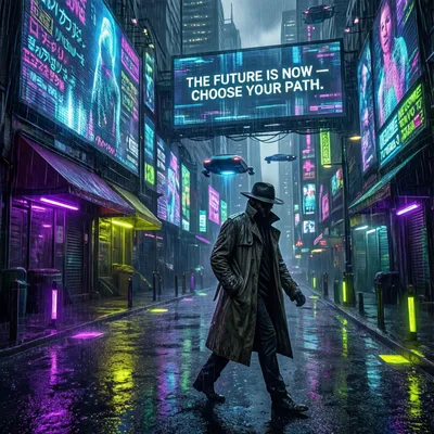 下着大雨的未来赛博朋克大都市中繁华的霓虹灯街道，发光的全息招牌倒映在潮湿的沥青路面上，电影级构图。