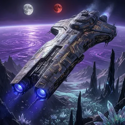 一艘巨大的宇宙飞船悬停在一颗拥有紫色海洋和双月的外星星球上空，高细节科幻插画，史诗级比例，概念艺术。